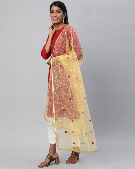 Sheer-Through Dupatta with Floral Embroidery Price in India