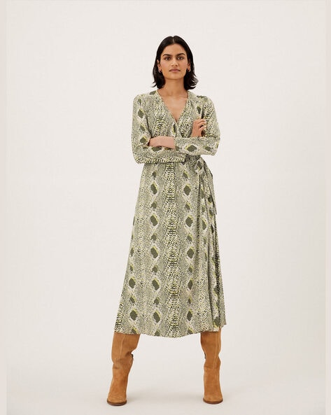 Snake Print V Neck Midi Wrap Dress