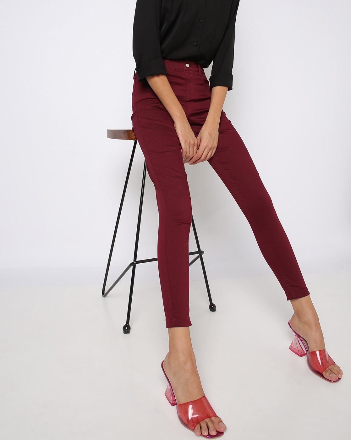 Burgundy Skinny Cigarette T Bar Trousers  Work Trousers  Select