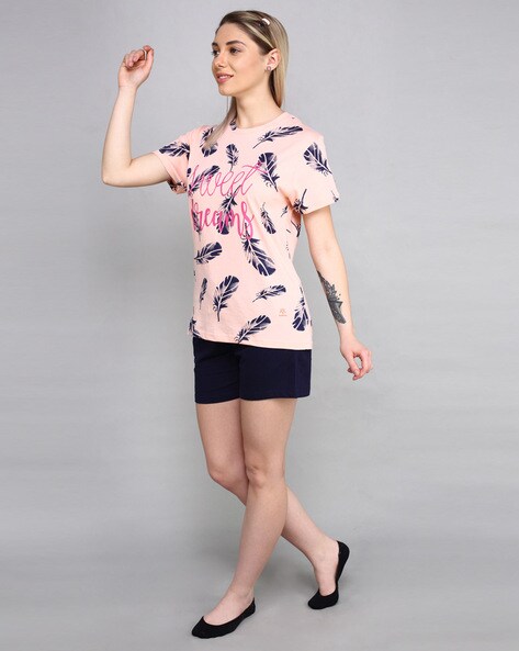EVOLOVE Leaf Print T-shirt & Shorts Set For Women (Pink, XXL)
