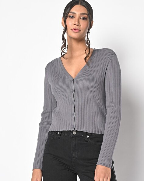 Ribbed Slim Fit Button-Down Cardigan
