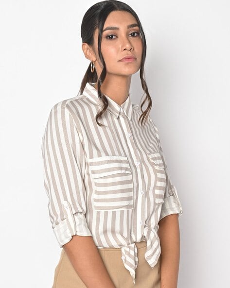 Buy Beige Striped Women Long Shirt Online in India -Beyoung