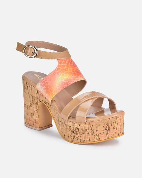 FRANCO SARTO coral pink leather cork platform chunky heel sandal women's 10  | eBay