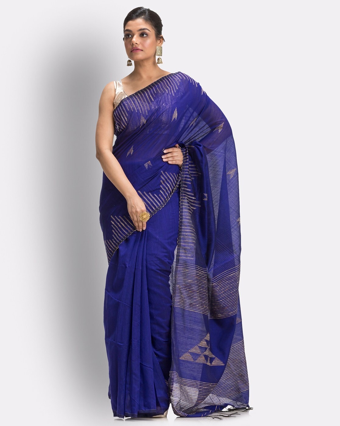 Silk Linen Plain Saree Blue Colour with contrast border and attached  Running Blouse Violet Purple colour saree (Any Colour  Customizable)-Indiehaat – Indiehaat.com