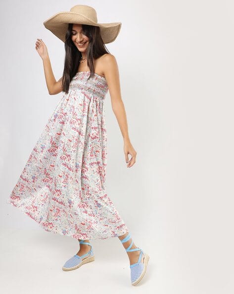 Encrustd Printed Shirring Strapless A-line Dress