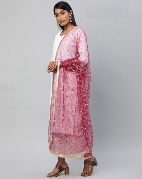 Floral Zari Embroidered Net Dupatta Price in India