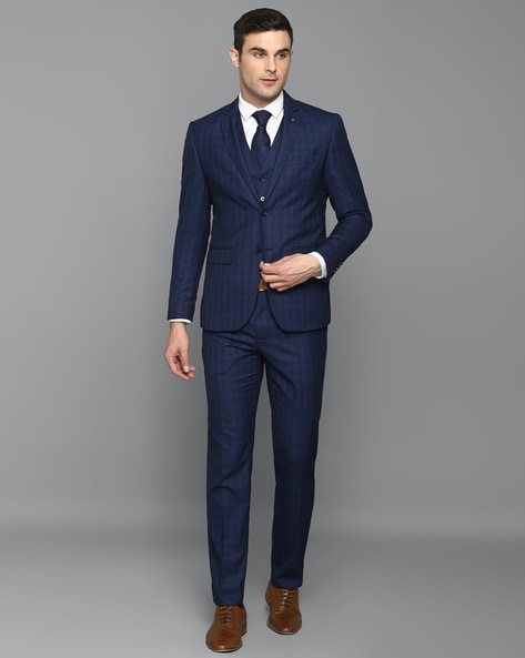 Louis Philippe Blue Slim Fit Checks Three Piece Suits