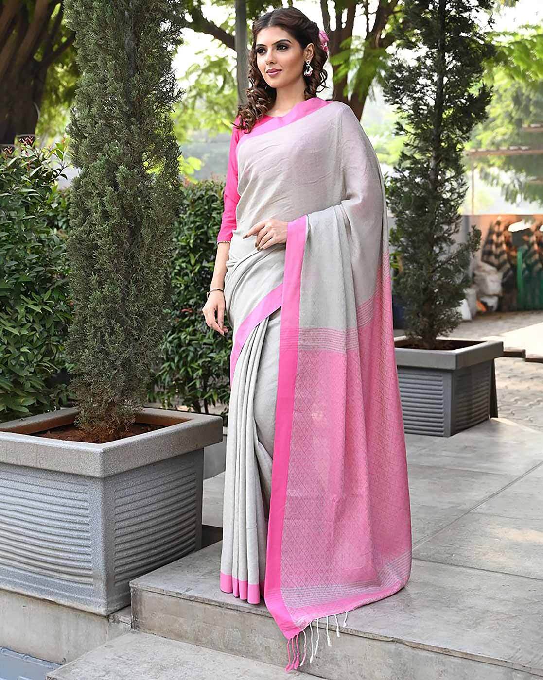 Bohemian Grey & Pink Moonga Silk Khadi Saree - Katan Weaves India