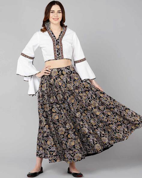 Ajrakh Mix  Match Pleated Skirt with Matching Top  Shrug  3 Piece    Sujatra
