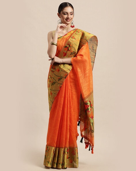 Vishal Prints Saffron Color Brasso Saree With Jari Border And Foil Pri