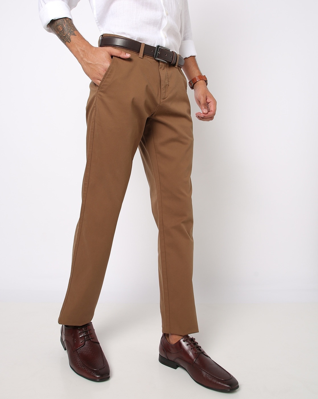 Beige and Black Plain Cotton Formal Chinos Trousers