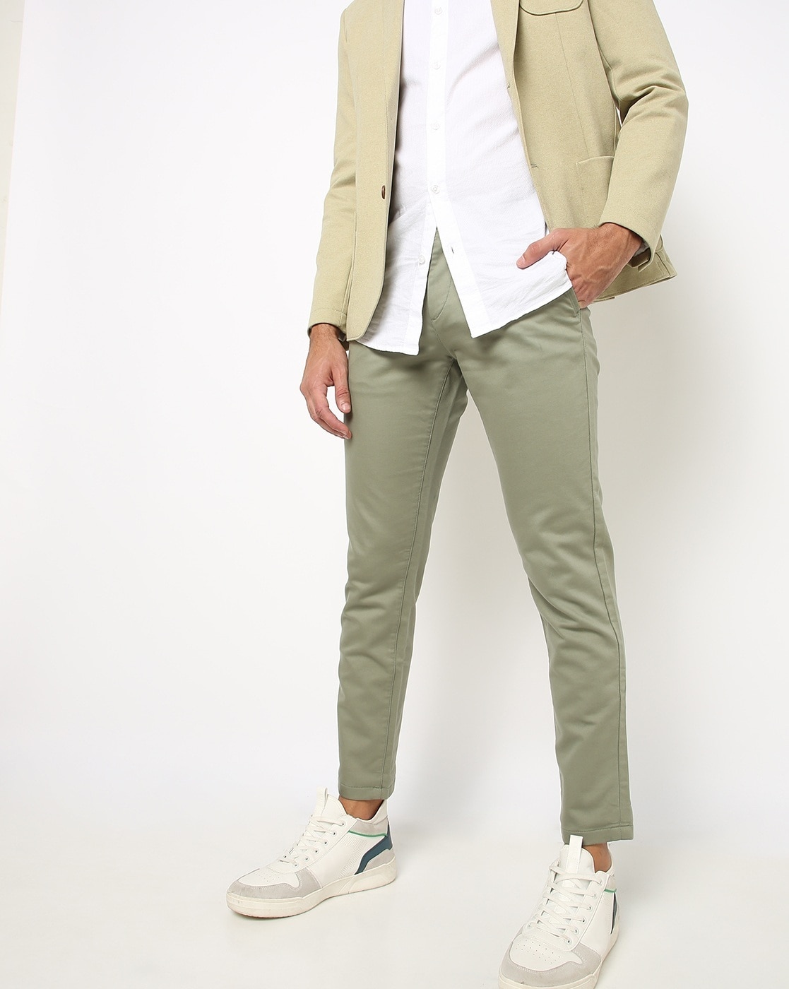Mint Green Solid Italian Fit Cotton Blend Formal Trousers For Men  TAD