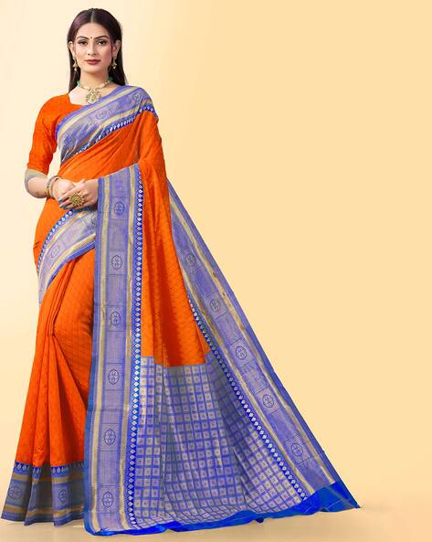 Orange & Sky Blue Checks Gadwal Saree | Vibha US – ViBha