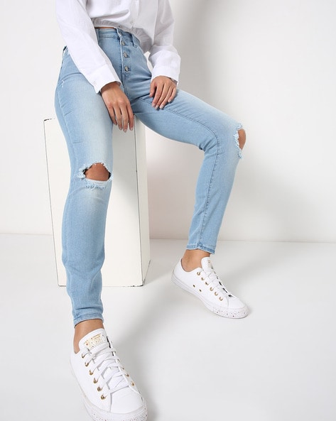 Lightly Washed High-Rise Skinny Jeans