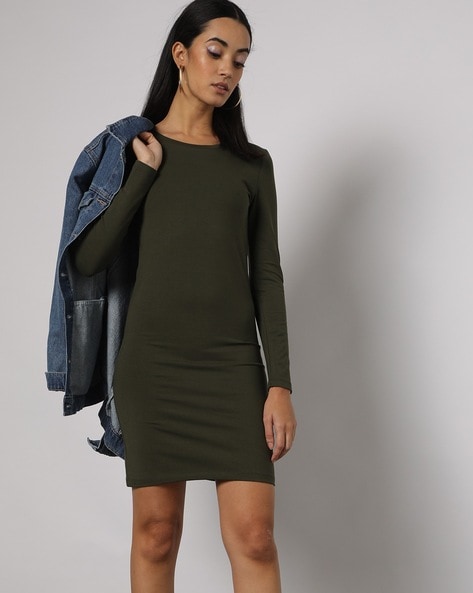 Olive green long sales sleeve t shirt dress