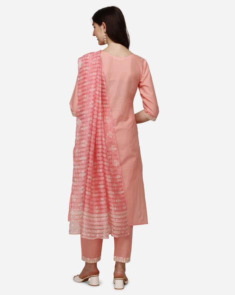 Floral Embroidered Straight Kurta Set view 3