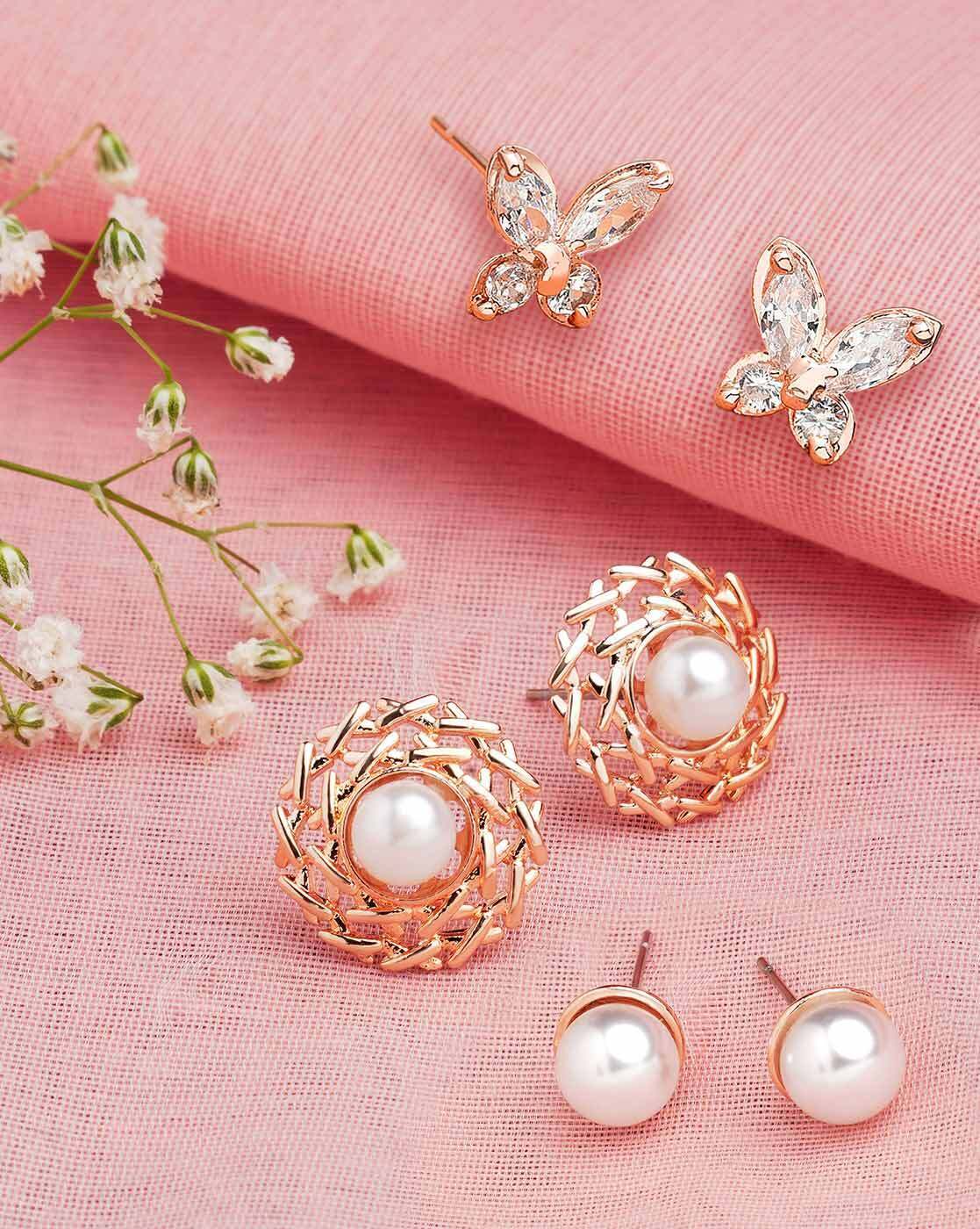 Buy Zaveri Pearls Set of 2 Rose Gold Contemporary Cubic Zirconia Brass Stud  Earrings-ZPFK11123 Online