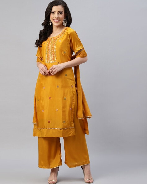 Embroidered Semi-Stitched Straight Dress Material Price in India