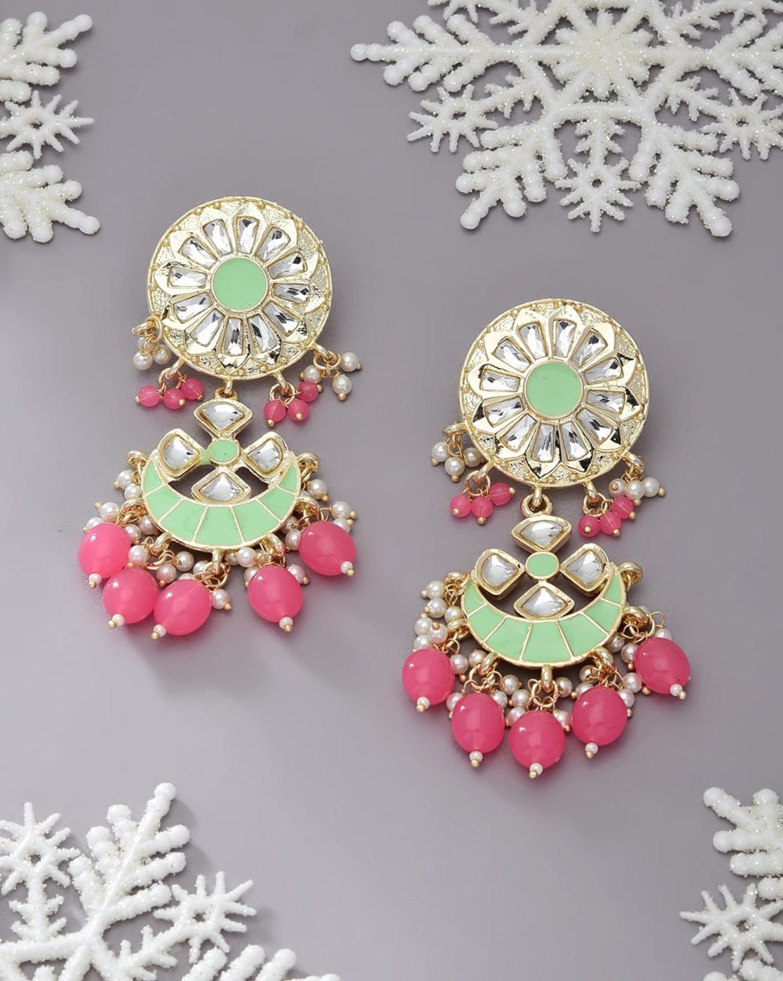 Gold tone pink-green-white kundan jadau flower bali earrings dj-37752 –  dreamjwell