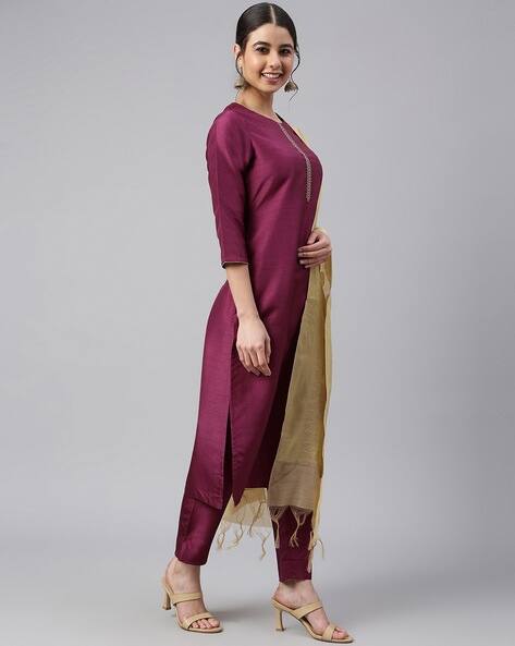 Solid Straight Kurta Set view 3