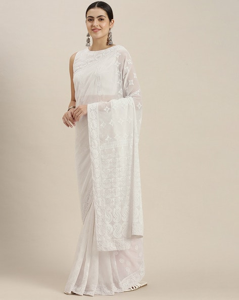 Pristine-White Pure Cotton Saree from Lucknow with Floral Chikan  Hand-Embroidery | Exotic India Art