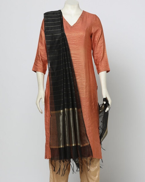 Horizontal Striped Dupatta with Tassels Price in India