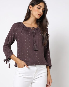 Micro Print Top with Tie-Up