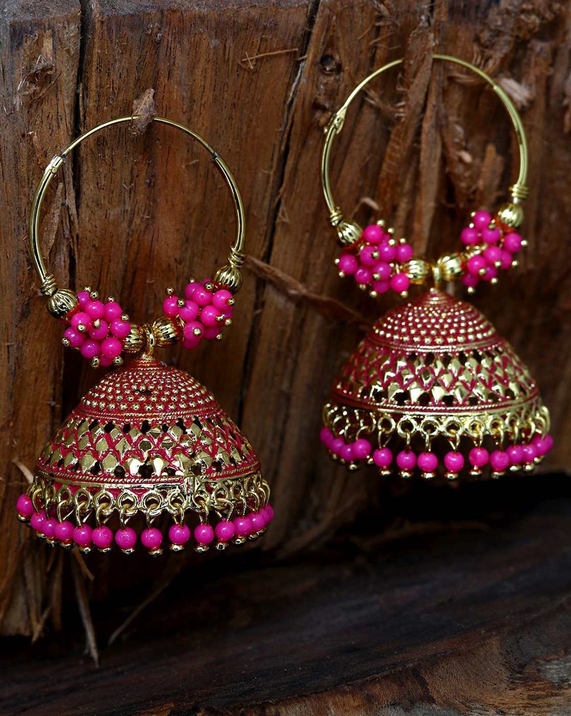 Youbella Peachcoloured Pink Stonestudded Tasselled Geometric Drop Earrings   Ybear32805myn