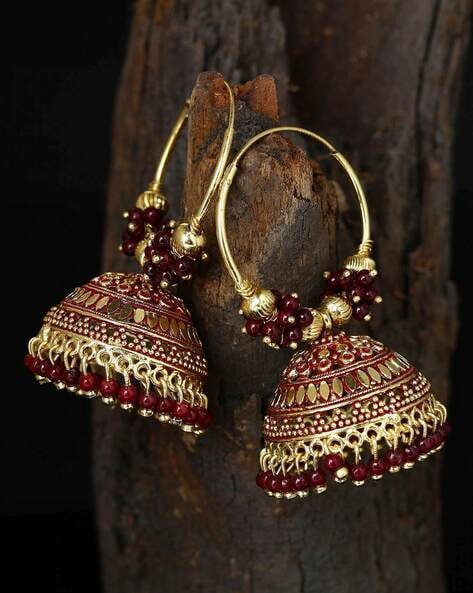 Gold Plated Floral Design Stud Maroon And Green Color Stones Hanging Beads Jhumka  Earring