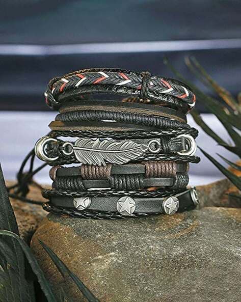 Buy Mens Leather Bracelet Gold Black Adjustable Length Online in India   Etsy
