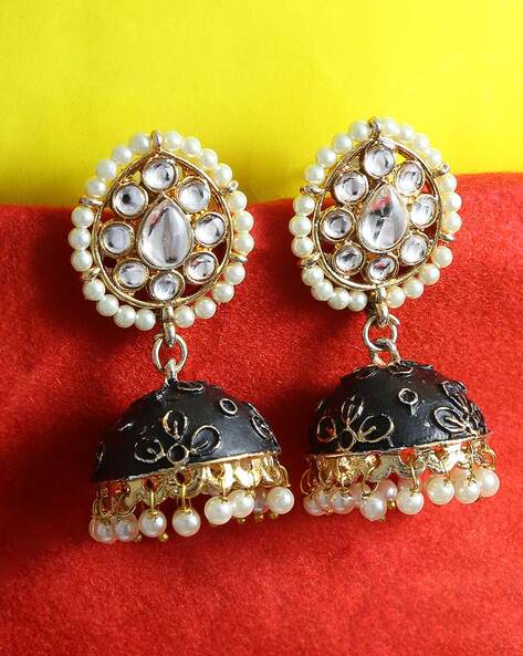 Gold Plated Silver Tourmaline & Ruby Bead Chandbali With Red Enamel