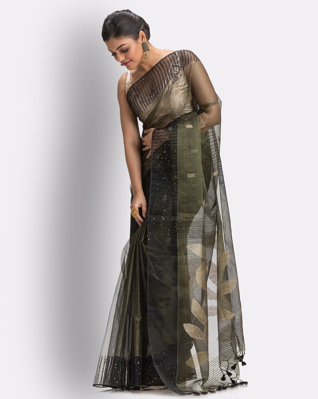 DESH BIDESH Women`s Traditional Bengal Tant Woven Lotus Kolka Design Pure Handloom  Cotton Saree Without