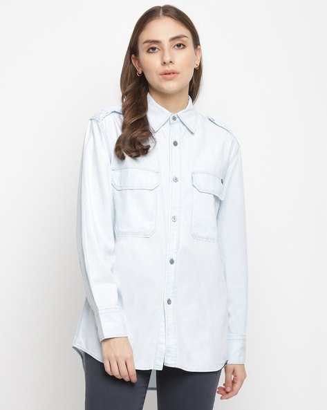 L.E.I. Juniors Bleached Denim Shirt - Walmart.com