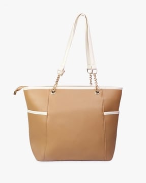 Calvin Klein Beige Saffiano Leather Chain-Trimmed Tote Bag