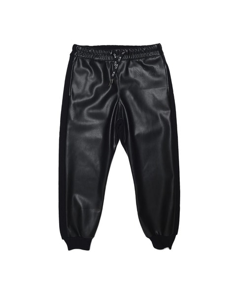 Black Leather Cargo Joggers for Men