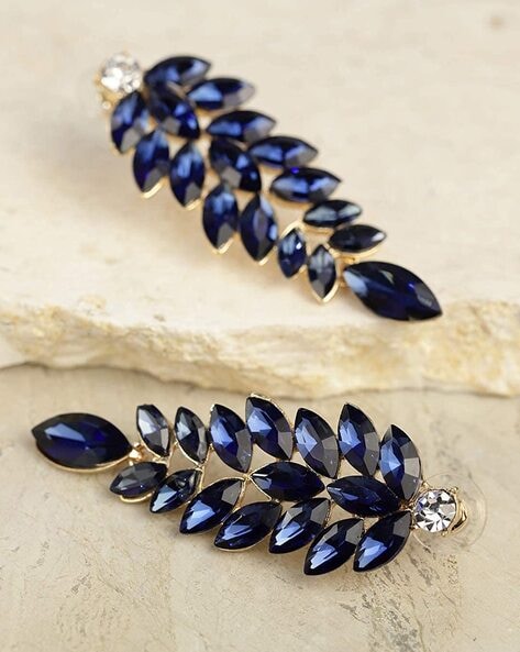 Triangular Blue Stone AD Studded SilverPlated Drop Earrings  Priyaasi