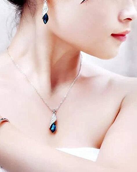 Youbella Silver-Plated Crystal-Studded Pendant & Earrings Set
