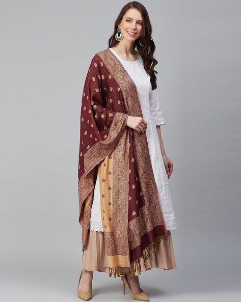 Leaf Woven Stole with Tasseled Border Price in India