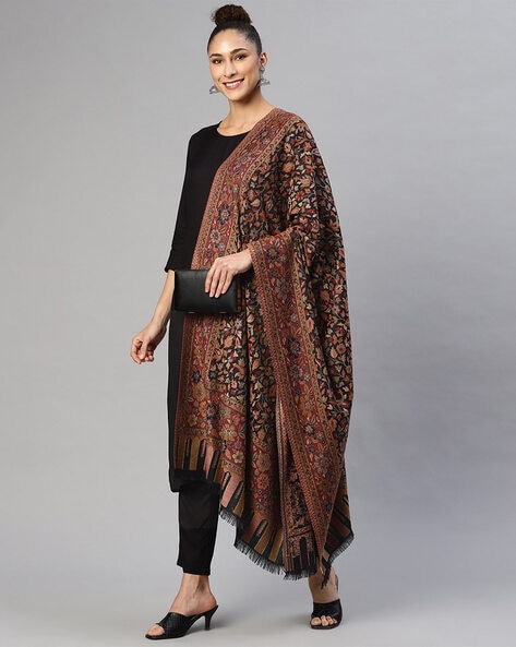 Floral Woven Shawl with Frayed Hems Price in India
