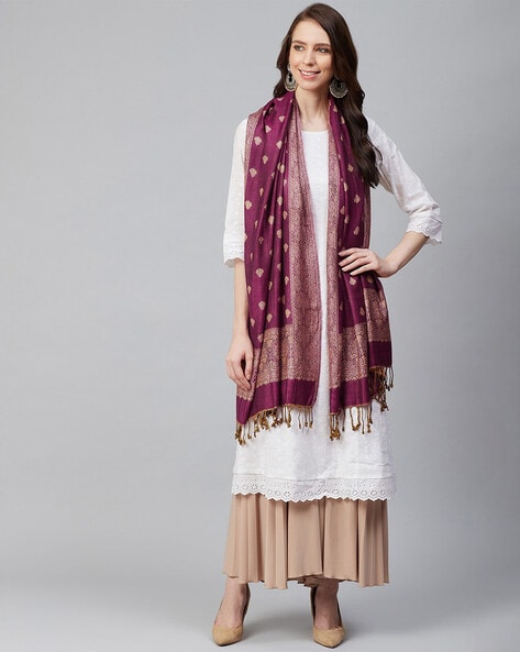 Leaf Woven Stole with Tasseled Border Price in India