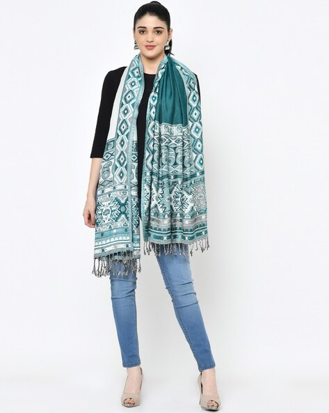 Ethnic Motifs Reversible Stole with Tasseled Border Price in India