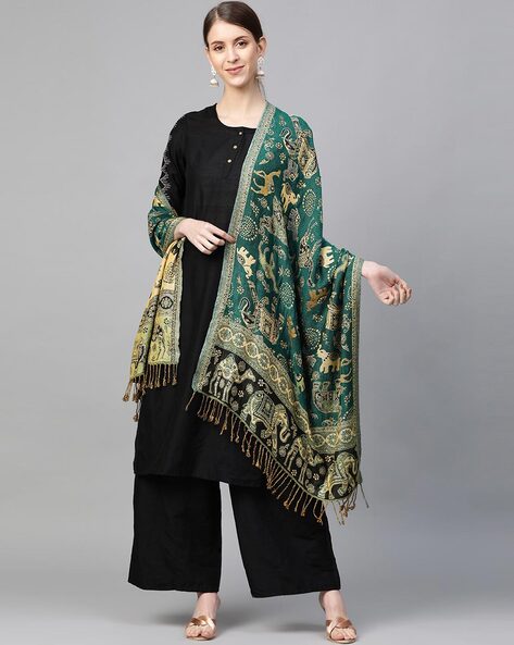 Animals Woven Stole with Tasseled Border Price in India