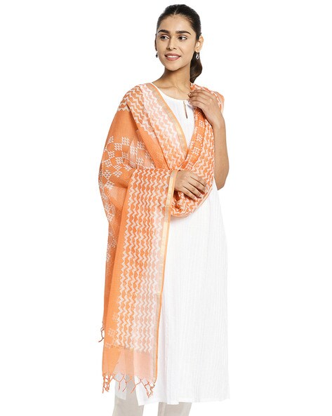 Cotton Hand Block Print Dupatta with Tassels Price in India