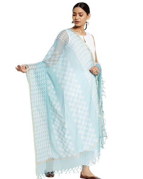 Cotton Hand Block Print Dupatta with Tassels Price in India