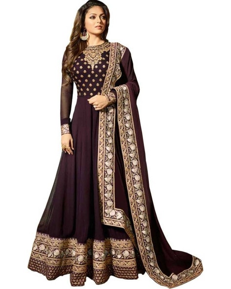 Embroidered Semi-stitched Anarkali Dress Material Price in India