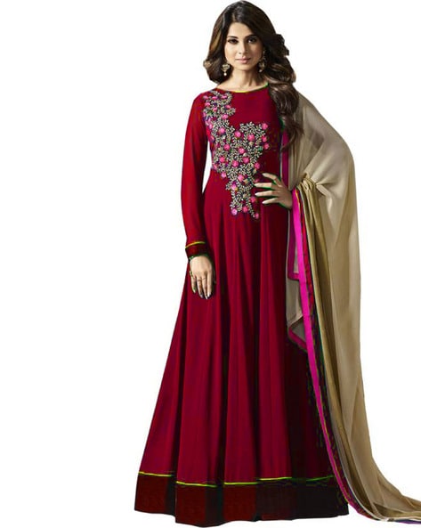 Embroidered Semi-stitched Anarkali Dress Material Price in India