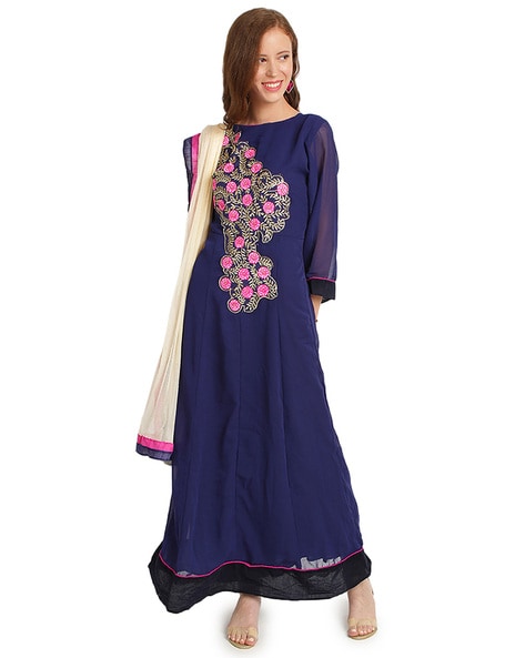 Boat-Neck Salwar with Floral Lace Price in India