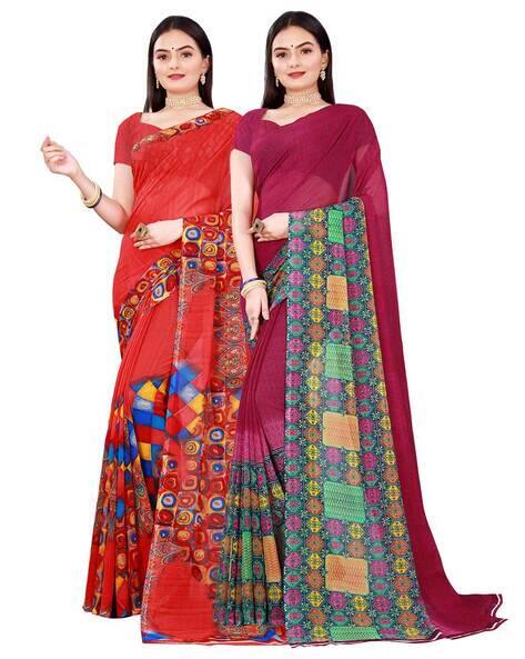 Pack of 2 Printed Sarees with Unstitched Blouse Piece