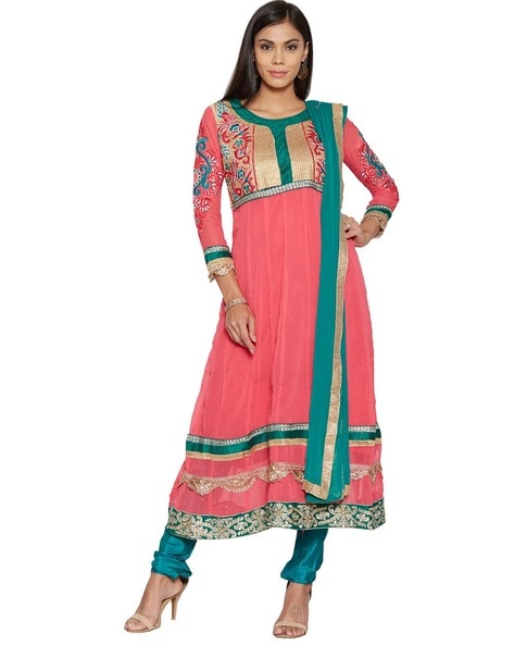 Embellished Semi-stitched Anarkali Dress Material Price in India