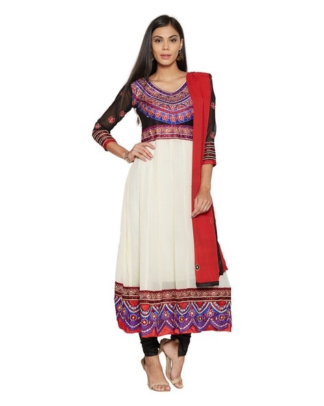 Embellished Semi-stitched Anarkali Dress Material Price in India